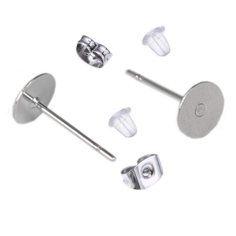 Newless 100 Pieces Stainless Steel Earrings Posts Flat Pad,100 Pieces Butterfly Earring Backs,100 Pieces Bullet Earring Backs,Total 300 Pieces (8mm) - Image 1